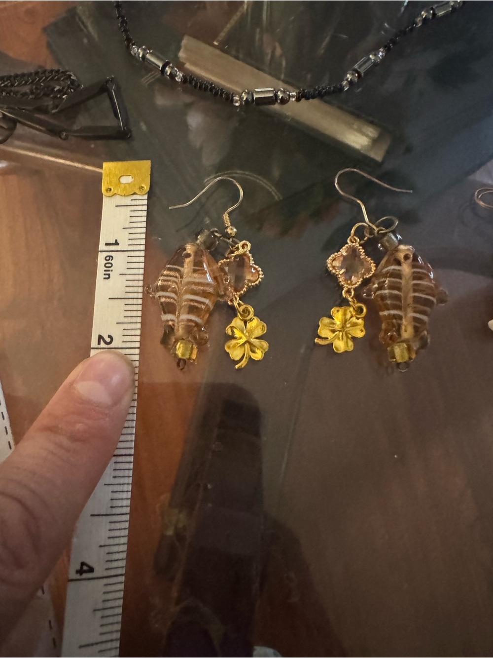 Gold & Brown Glass Bead Clover Dangle Earrings - Women Jewelry